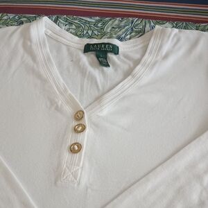 Lauren Ralph Lauren White Henley Top with Gold Buttons